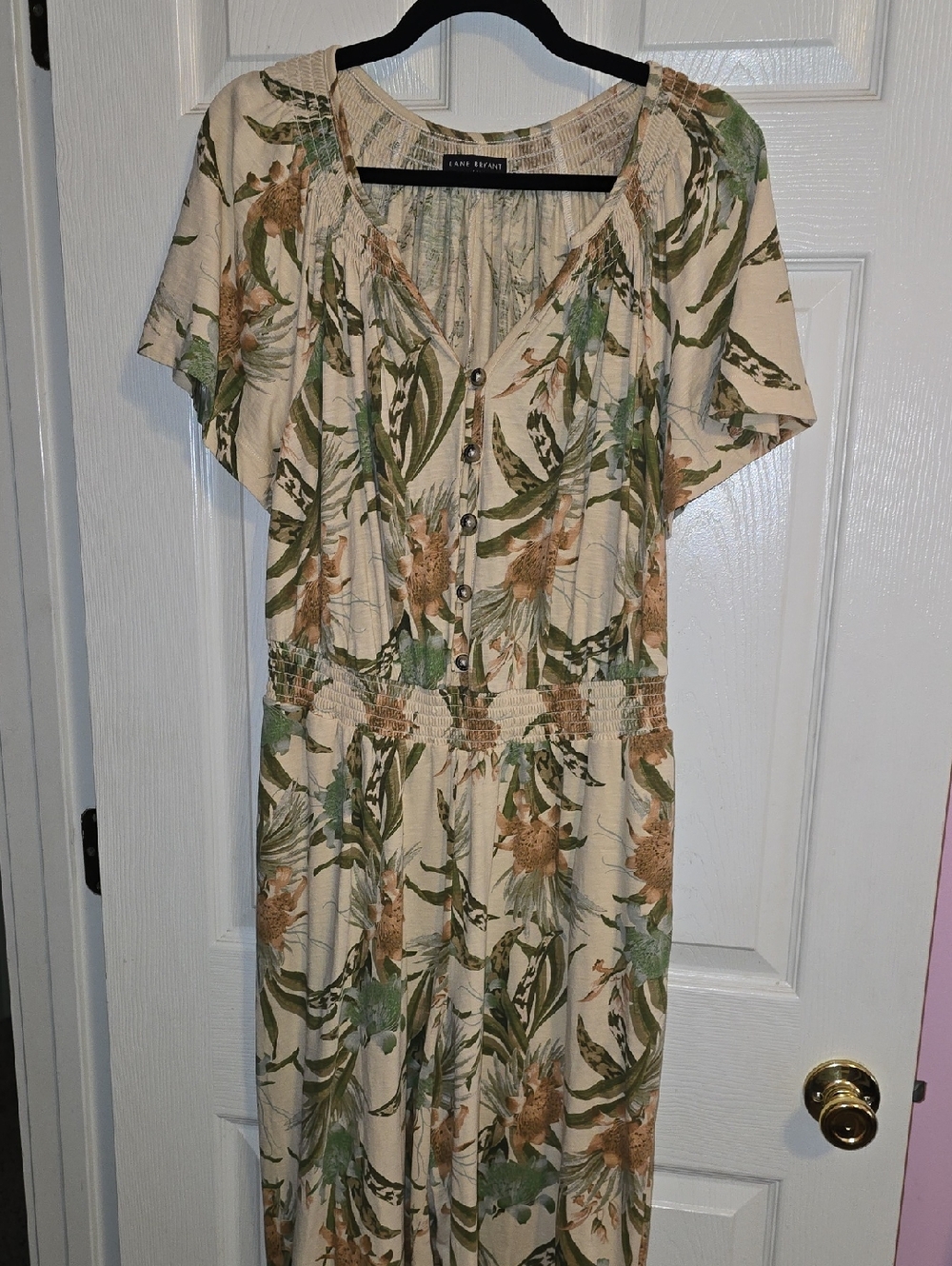 Lane Bryant Cream Jumpsuit with Green‎ and Brown Floral Print